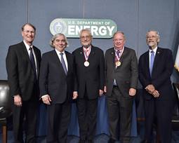 Professor Pellegrini and Dr. Shank with Secretary Moniz, Lynn Orr, and John Holdren